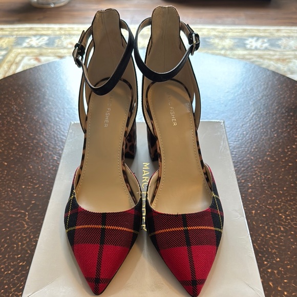 Marc Fisher Red and Black Plaid Heels - Picture 1 of 5